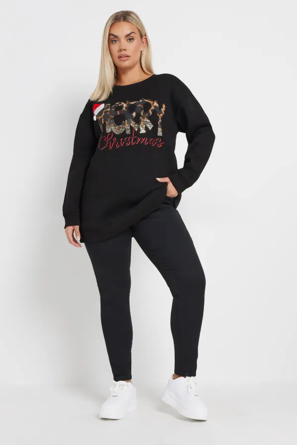 YOURS Curve Black 'Merry Christmas' Sequin Embellished Sweatshirt