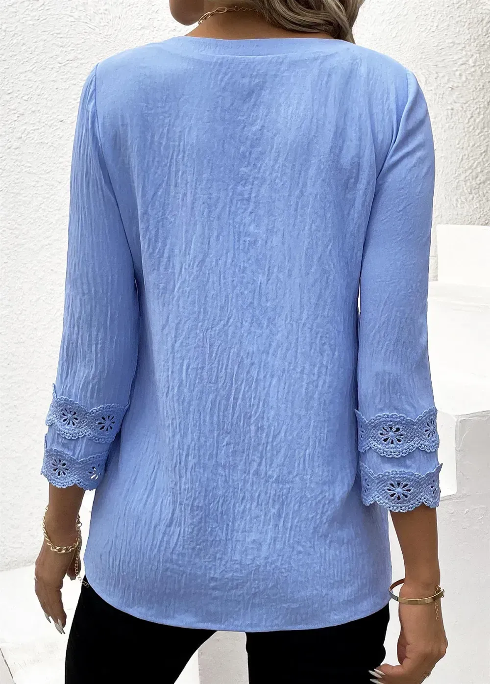 Blue Lace Long Sleeve V Neck Blouse