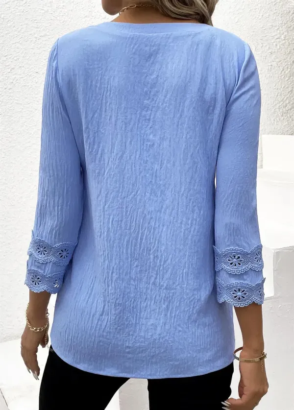 Blue Lace Long Sleeve V Neck Blouse