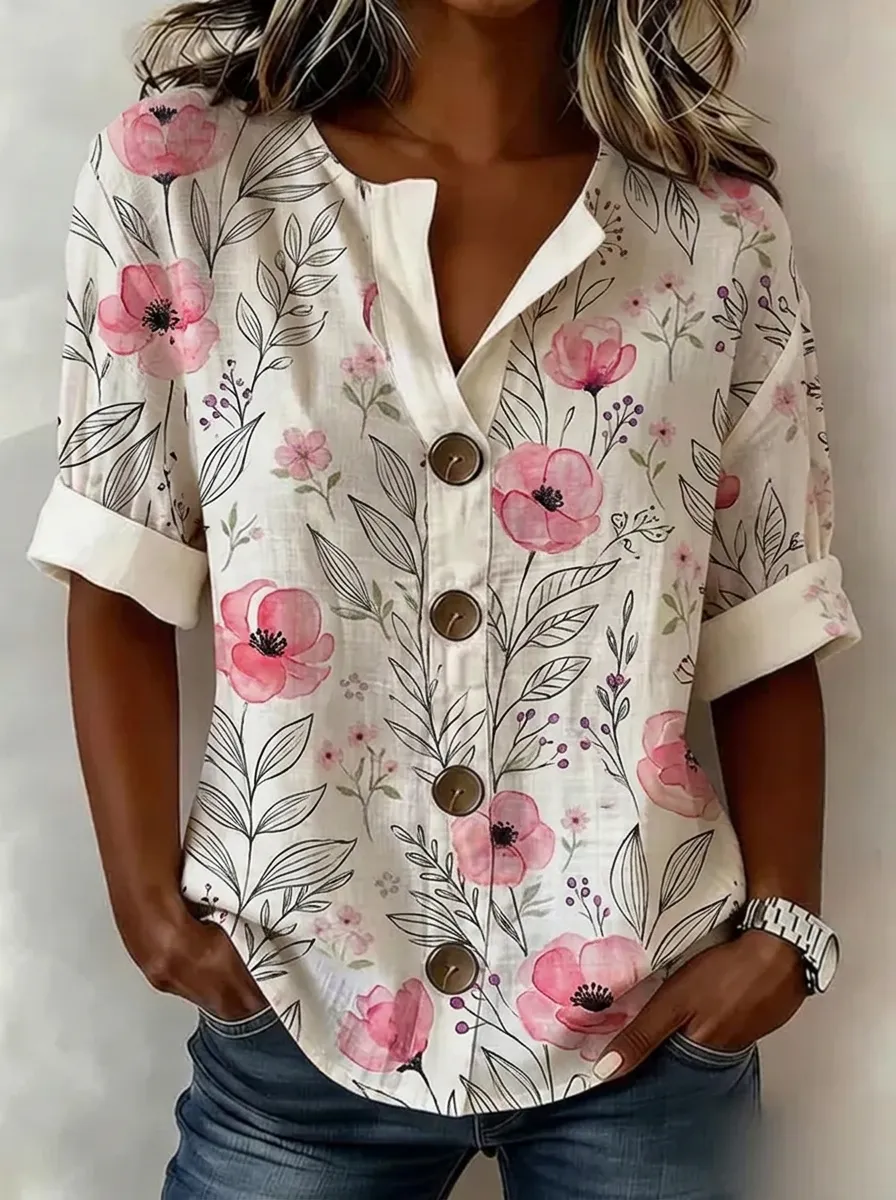 Women's Nashville Floral Botanical Printed Button-Down Shirt
