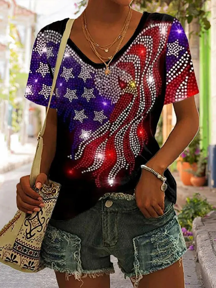Women's Independence Day Eagle Star Sequins Art Print T-Shirt