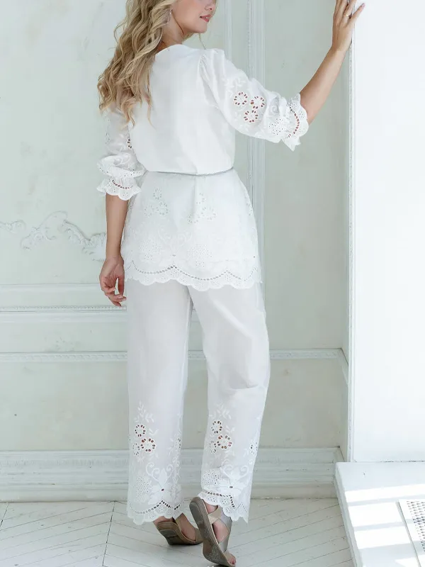 Round Neck Long Sleeve Hollow Top Trousers Suit