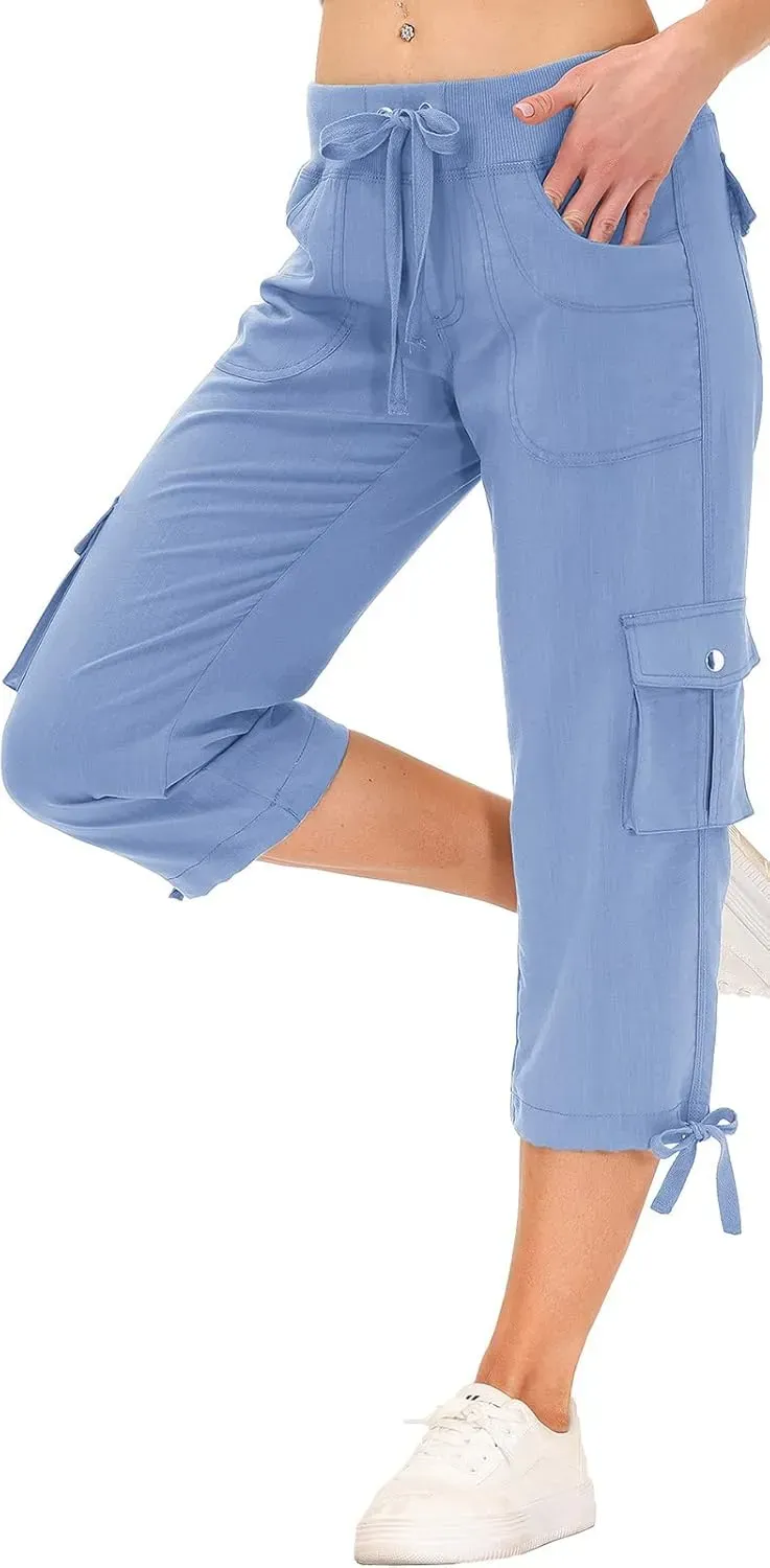 MoFiz Womens Capris with Pockets Loose Fit Casual Capri Pants Dressy Lightweight Ladies Baggy Cargo Pants for Hiking