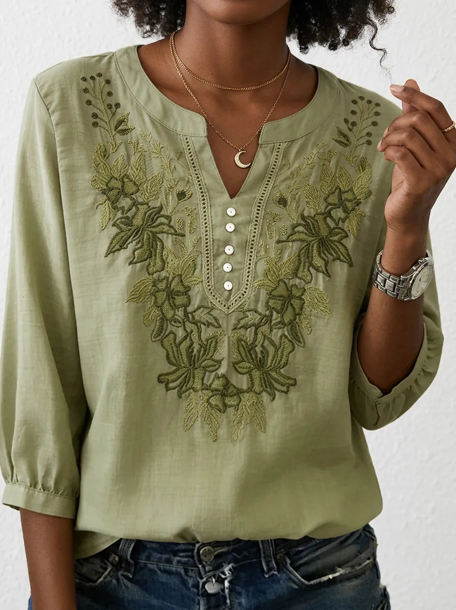 Women's Nashville Floral Embroidery V-Neck Buttoned Top