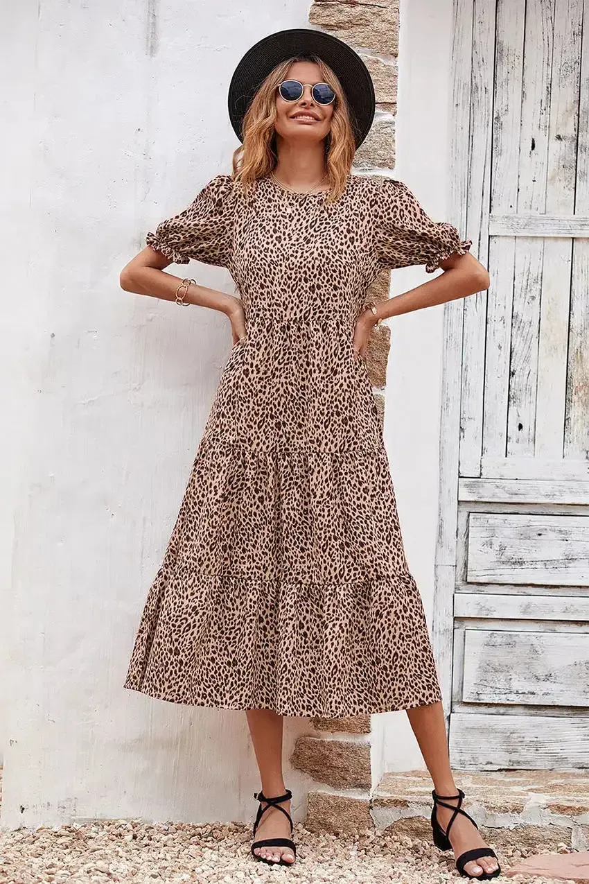 Floral Print Ruffle Puff Sleeve High Waist Midi Dresses