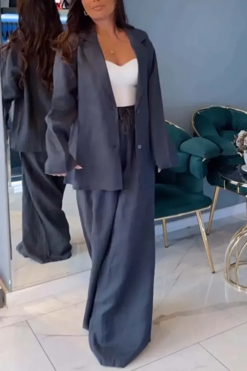 Women's casual suit wide leg pants cotton and linen two-piece set