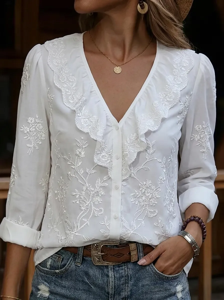 Women's Nashville Country Floral Embroidered Ruffle V-Neck Blouse
