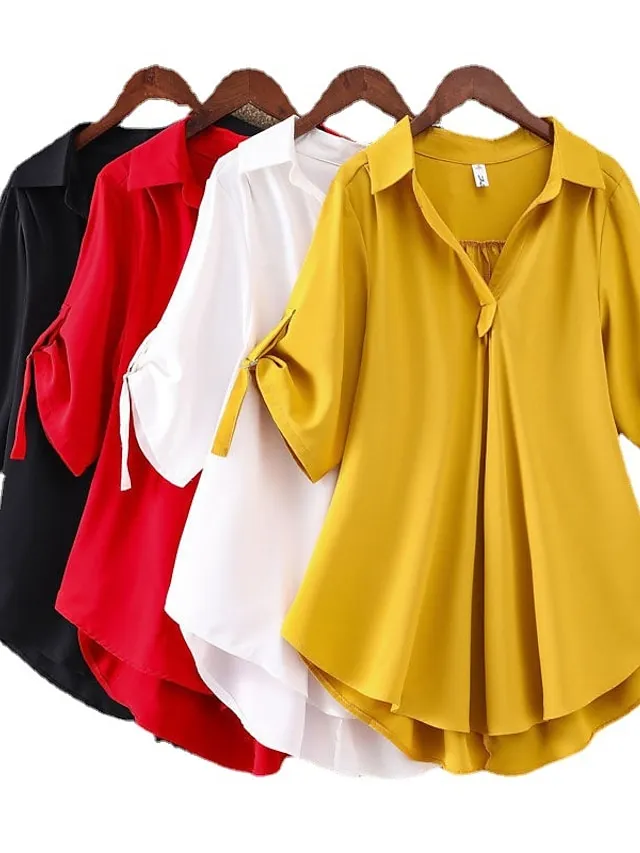 Women's Shirt Blouse Solid Color Black White Yellow Half Sleeve Work Daily Weekend Streetwear Casual Shirt Collar Regular Fit Spring Fall