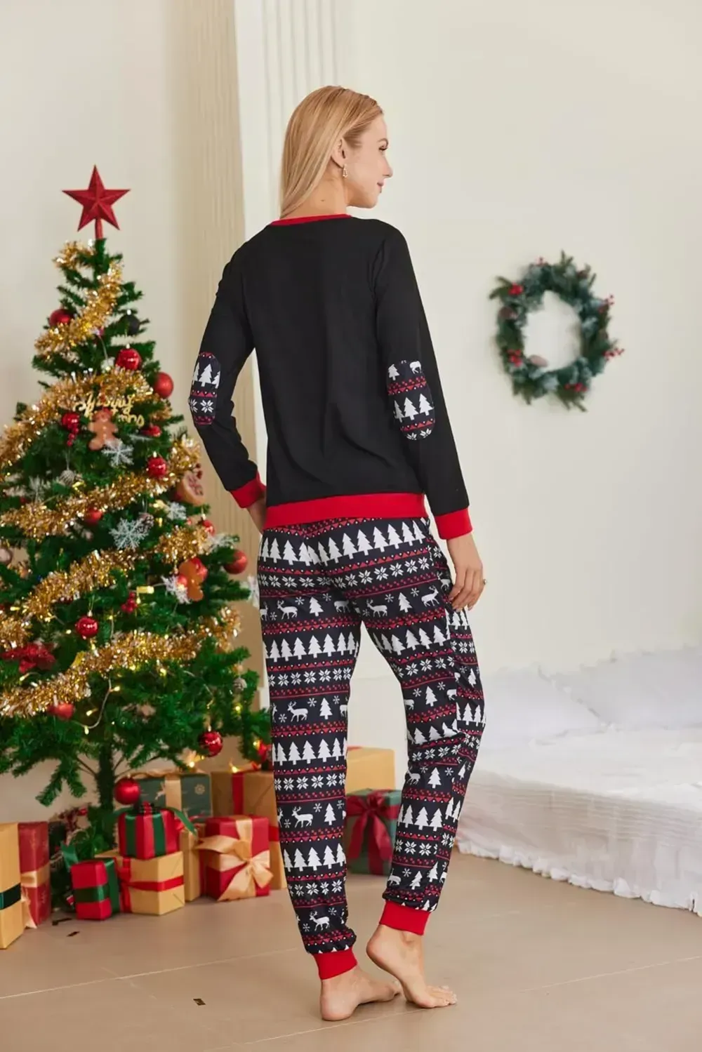 Women's Pajamas Sets Long Sleeve with Plaid Pants Soft Sleepwear O Neck 2 Piece Pjs Joggers Loung Set with Pockets