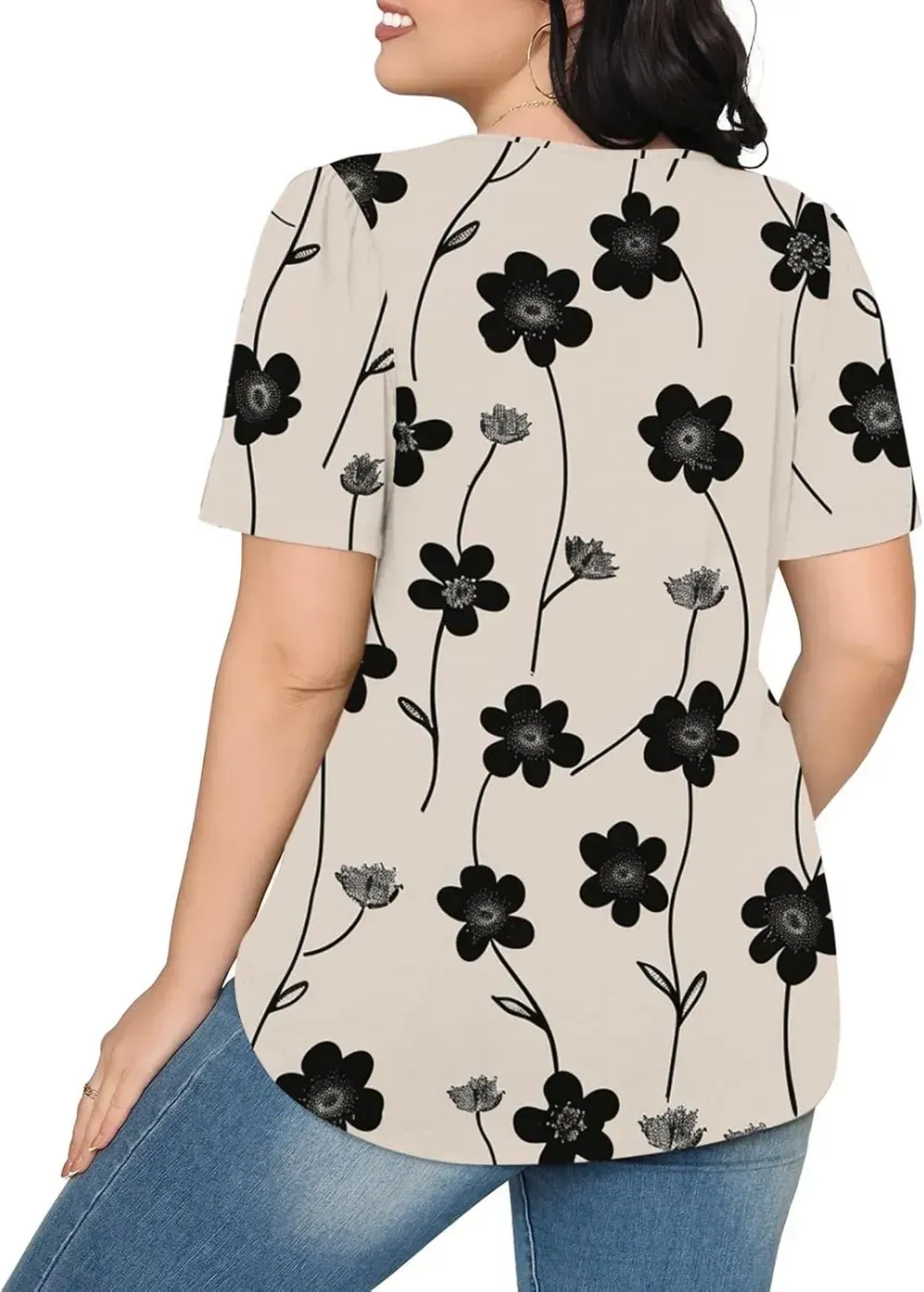 Womens Summer Pleated Front Shirts Tunics Casual Short Sleeved Loose Round Neck Boho Printed Tops Vacation Blouse