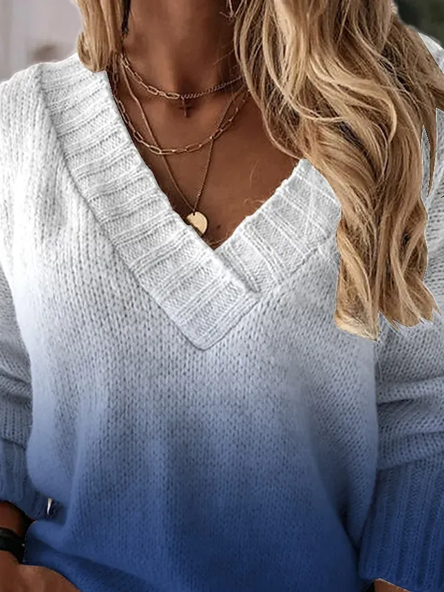 Women's Pullover Sweater Jumper Jumper Crochet Knit Tunic Print Color Gradient V Neck Stylish Casual Daily Drop Shoulder Summer Spring Blue S M L