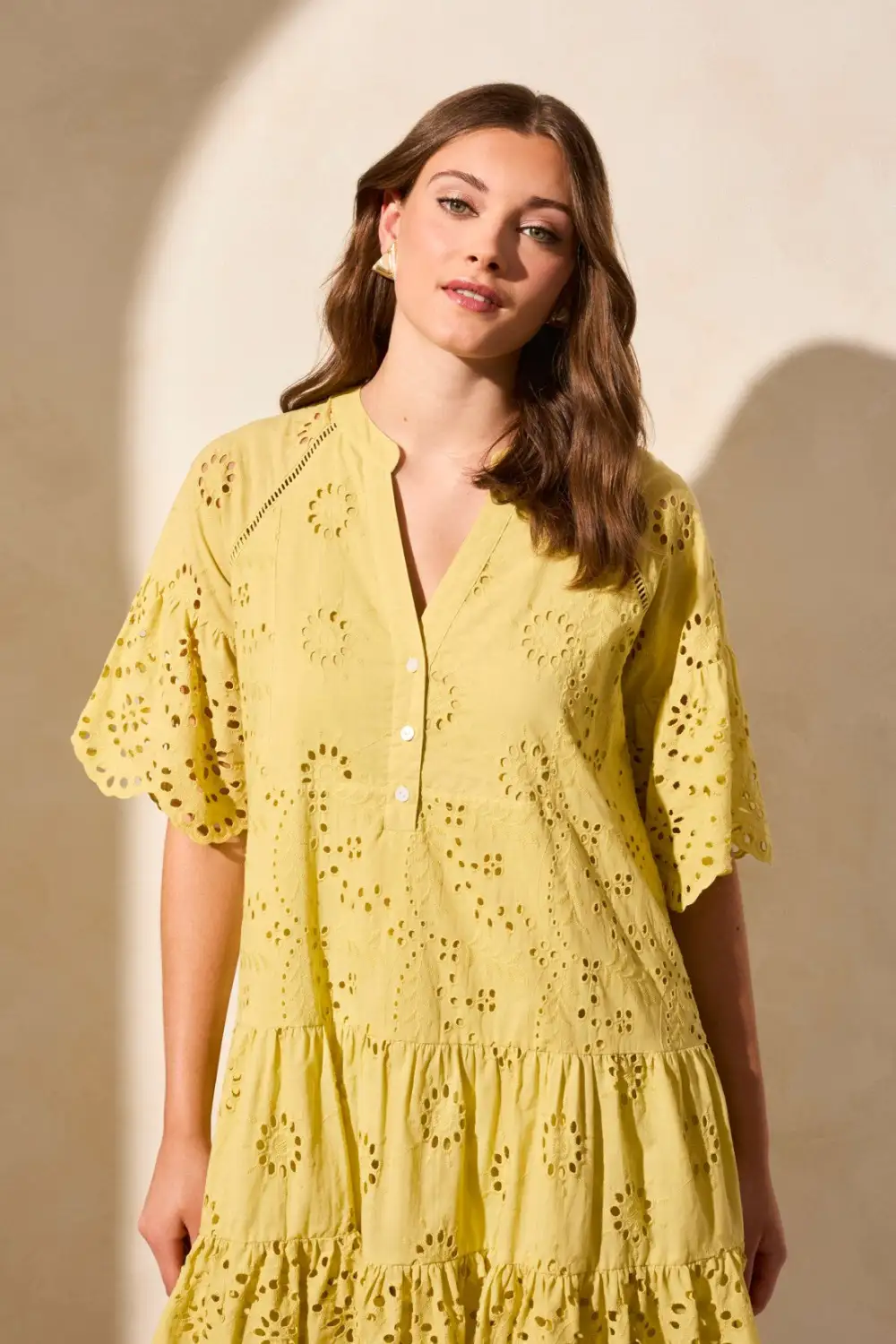 Cotton Eyelet Ruffle Short Sleeve Tiered Dress-Starfruit