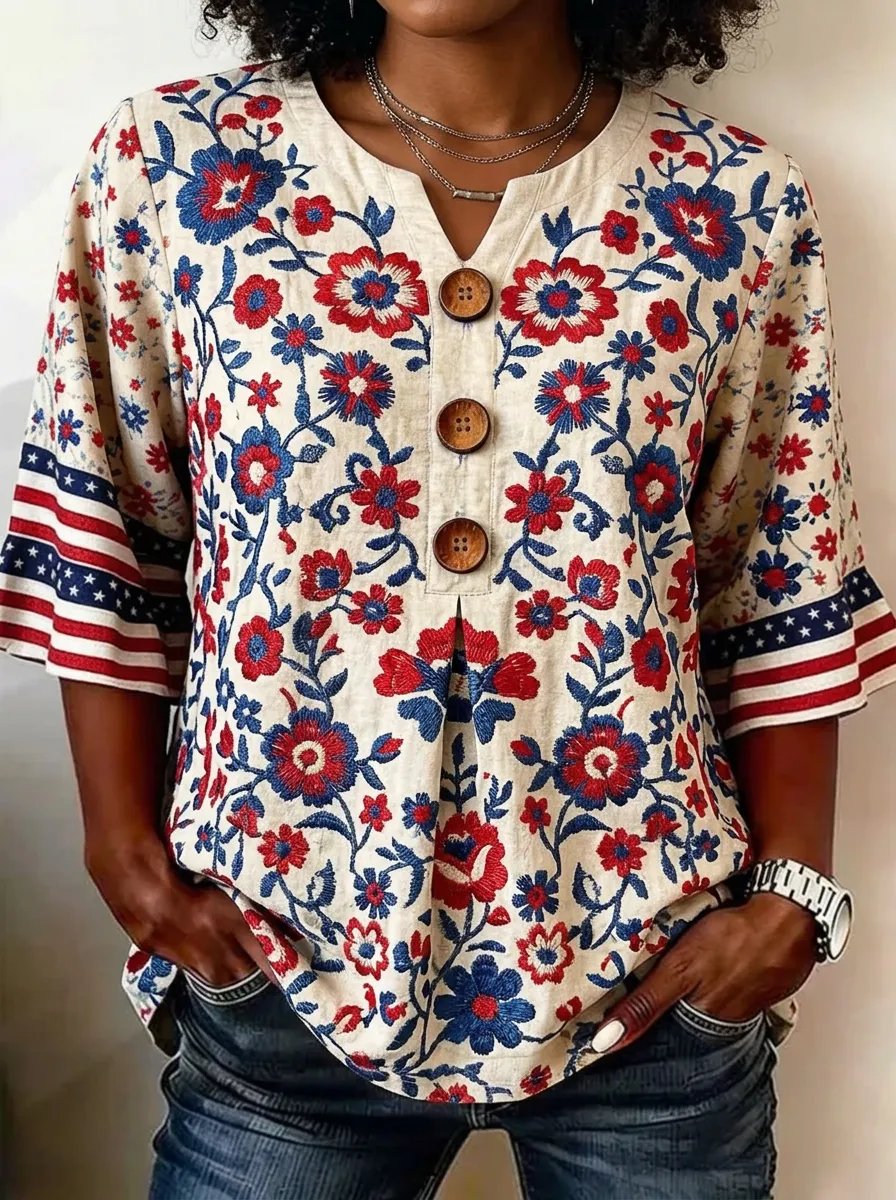 Women's Nashville Patriotic Floral Flag Printed Button Top