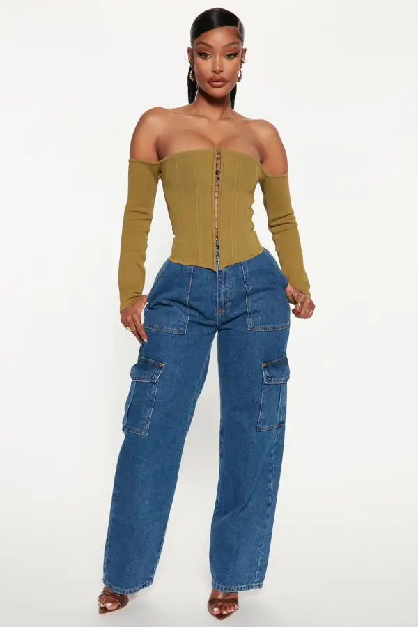 Cutting Edge Off The Shoulder Corset Top - Olive