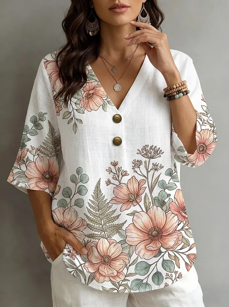 Women's Nashville Floral Botanical Printed V-Neck Button Top
