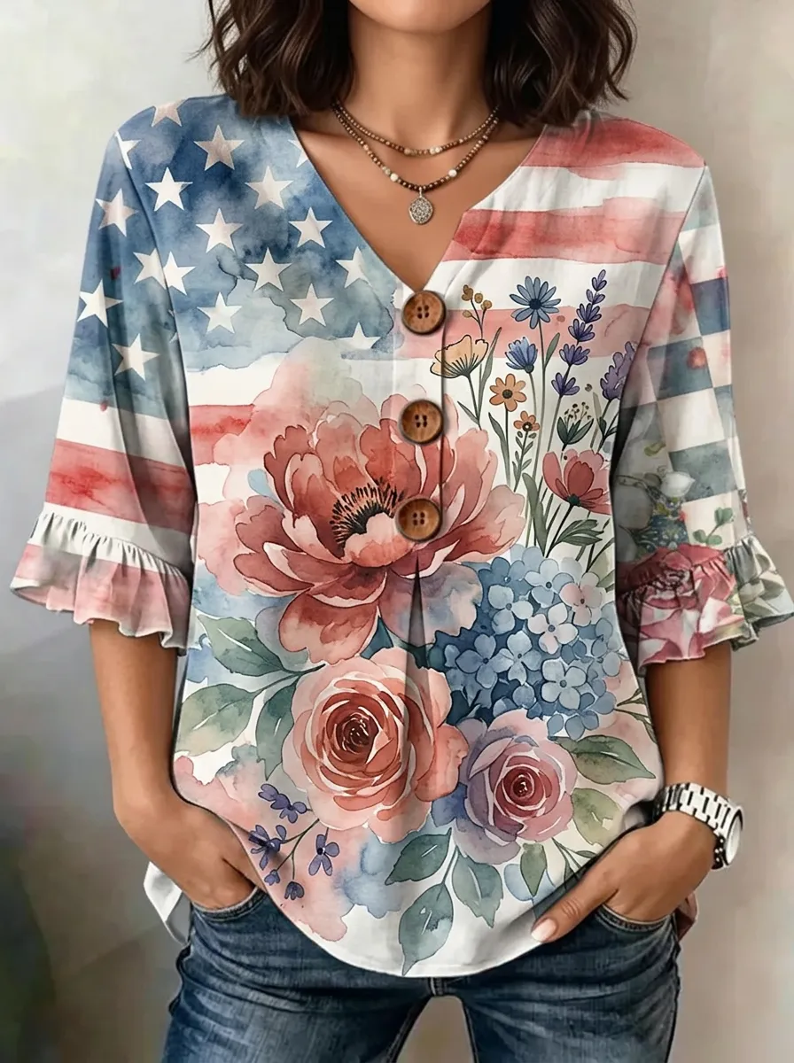 Women's Nashville American Flag Floral Printed V-Neck Button Top