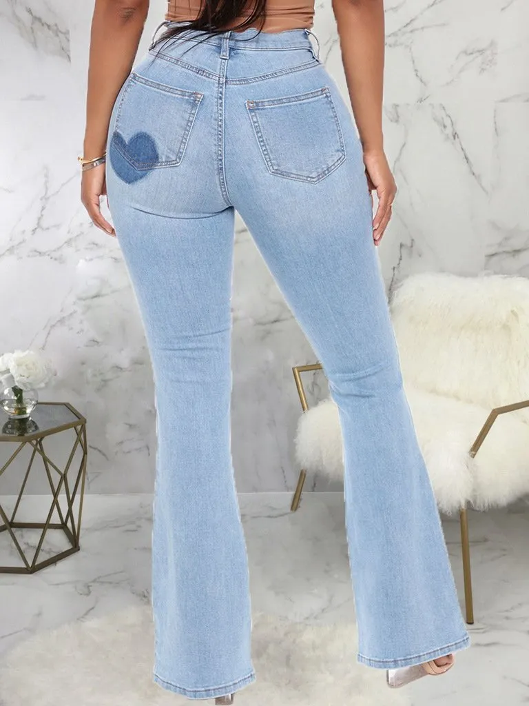Solid Washed Denim Stretch Slim Flared Pants
