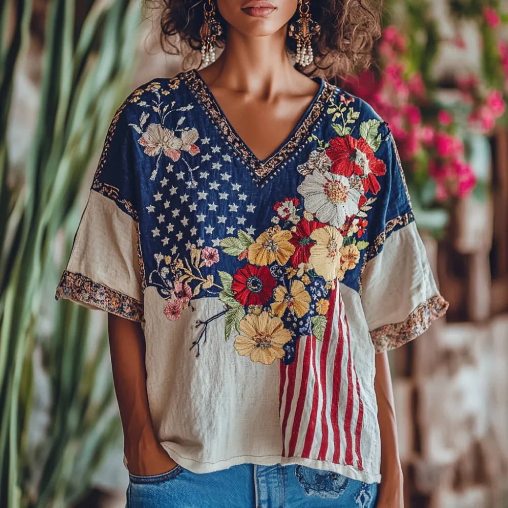 Women's Independence Day Flag Floral Embroidery Print V-neck Linen Blend T-shirt