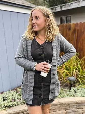 Womens Long Sleeve Open Front Buttons Cable Knit Pocket Sweater Cardigan