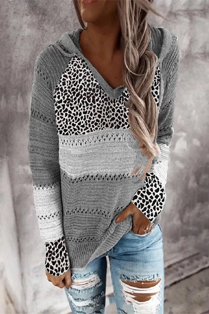 Striped & Leopard Patchwork V-Neck Hooded Sweater