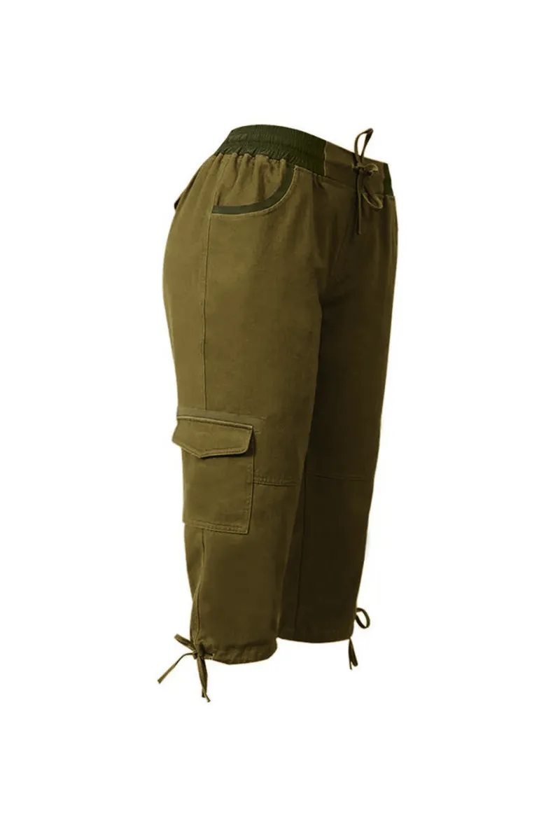 Drawstring Waist Flap Pocket Design Capris Pants