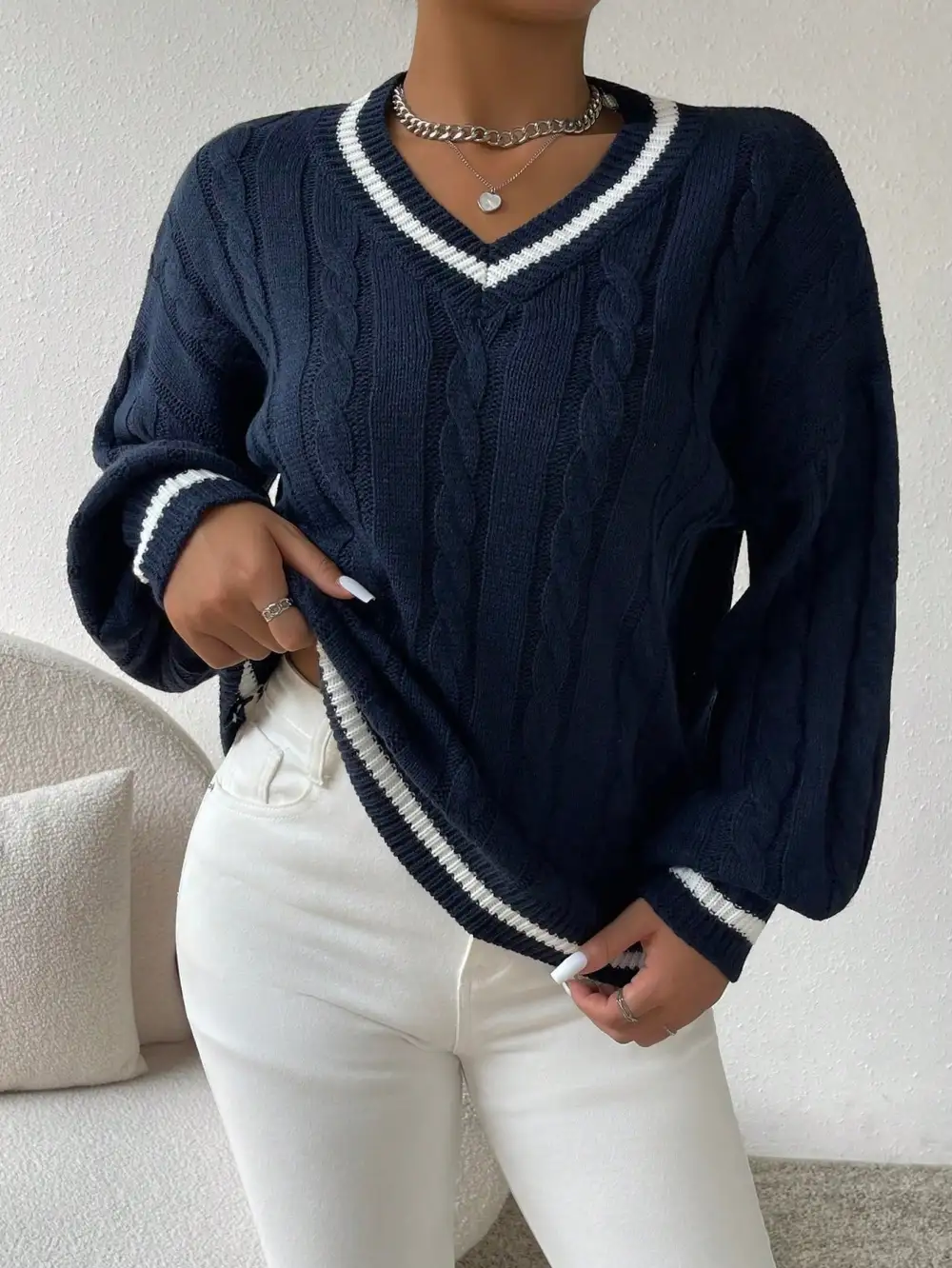 Sweater ribete de rayas tejido de cable de hombros caídos