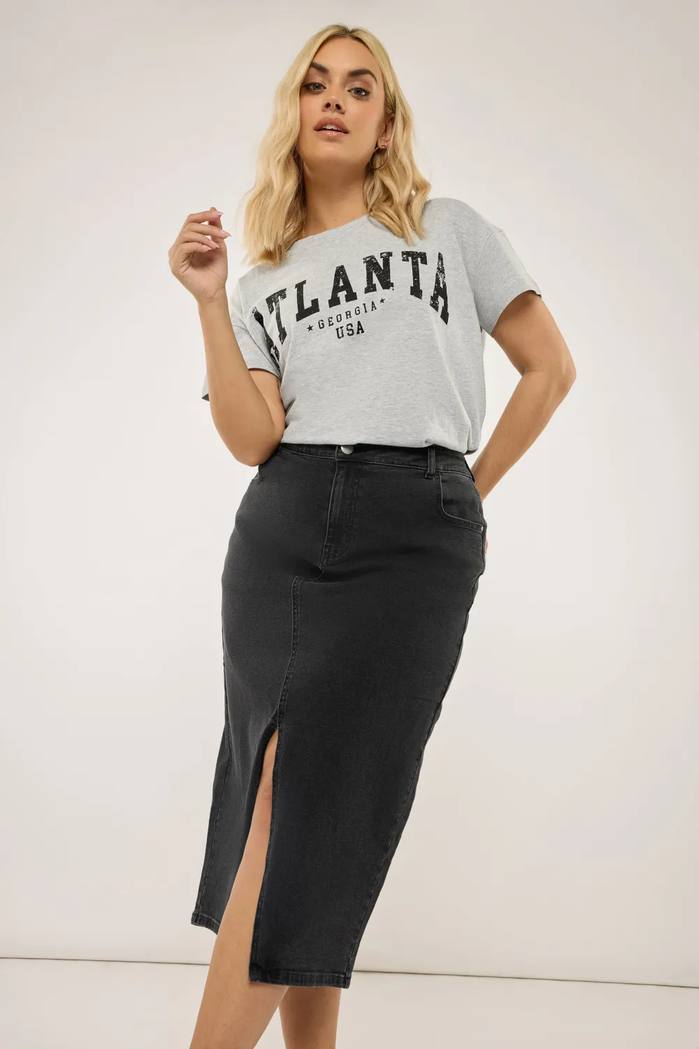 YOURS Curve Black Midi Stretch Denim Skirt