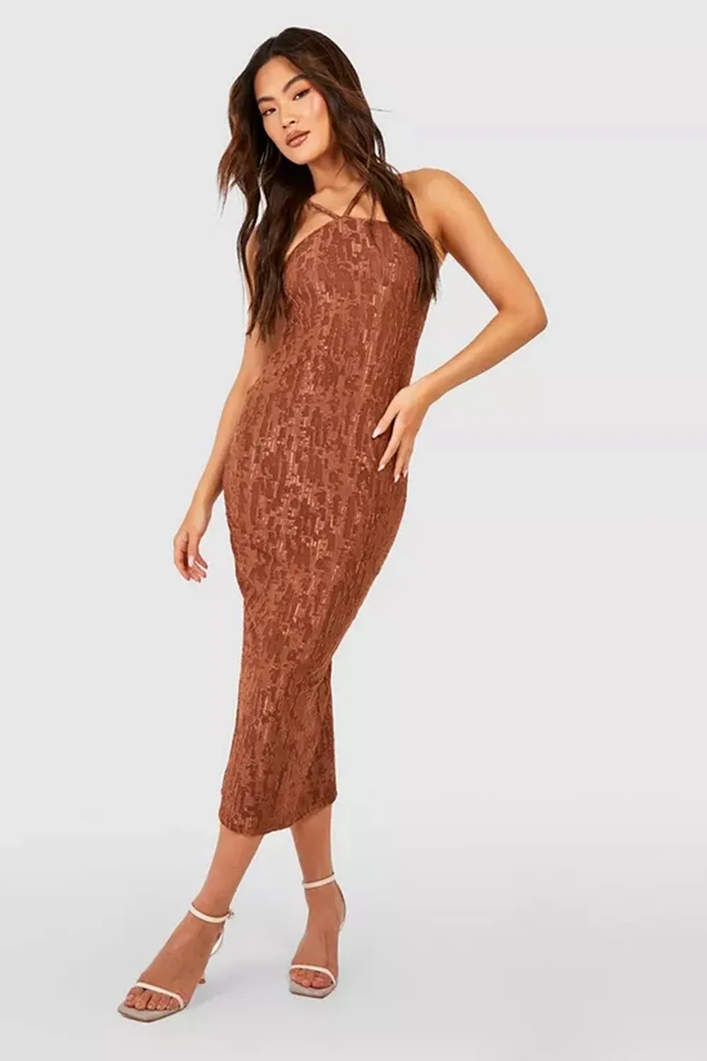 JAQUARD TEXTURED HALTERNECK MIDAXI DRESS