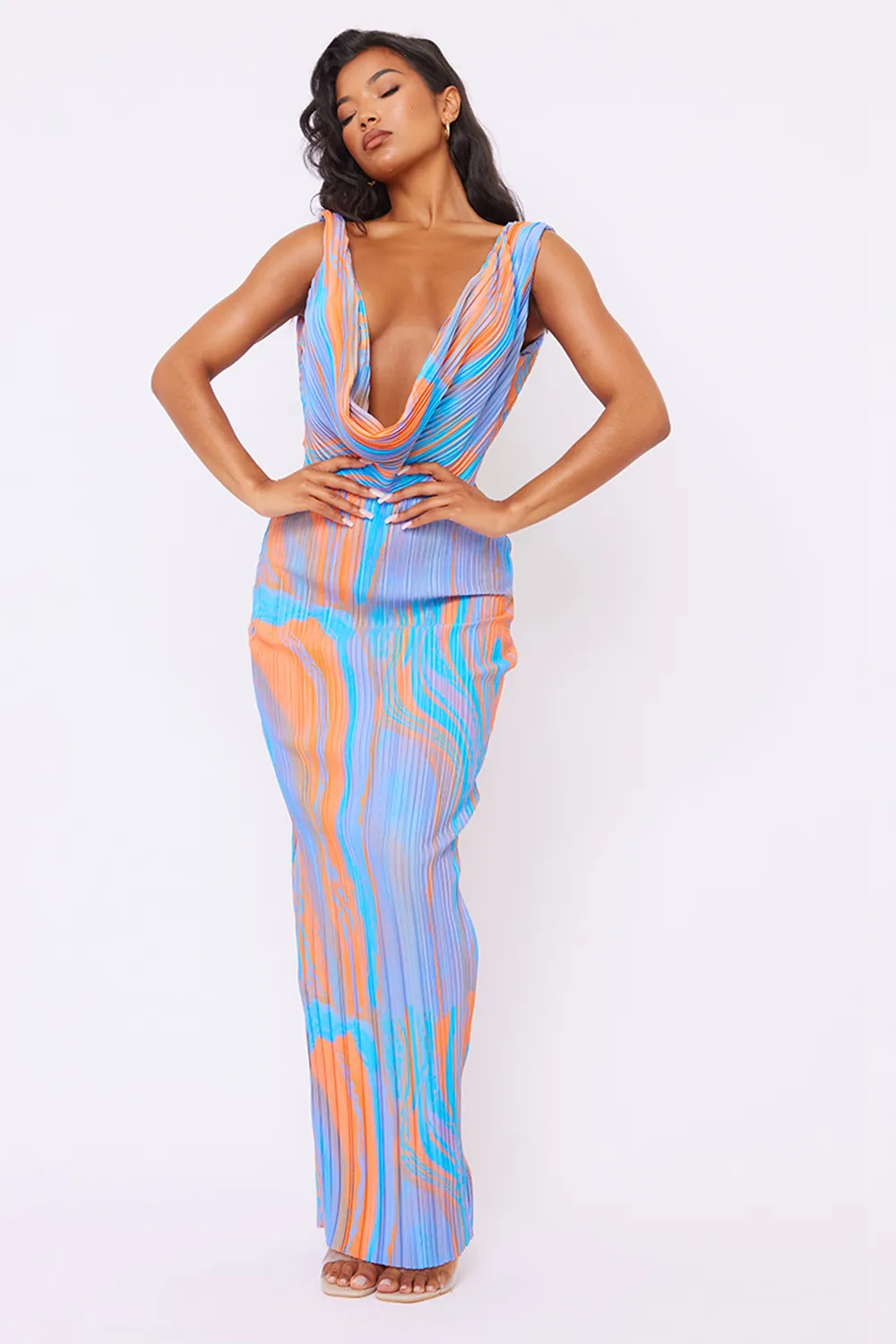 Orange Abstract Print Plisse Cowl Plunge Maxi Dress