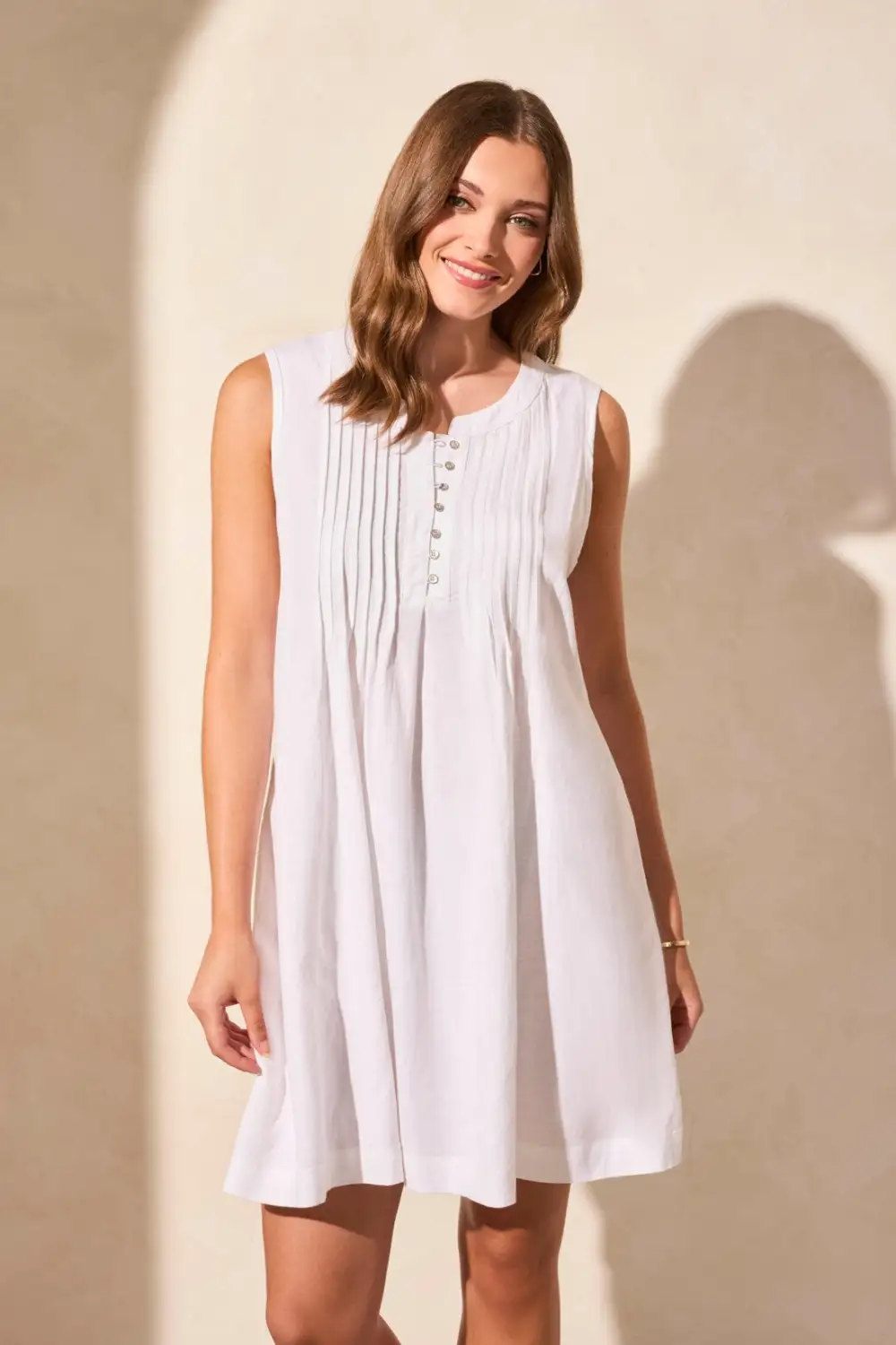 Linen Blend Pleated Sleeveless Dress-White