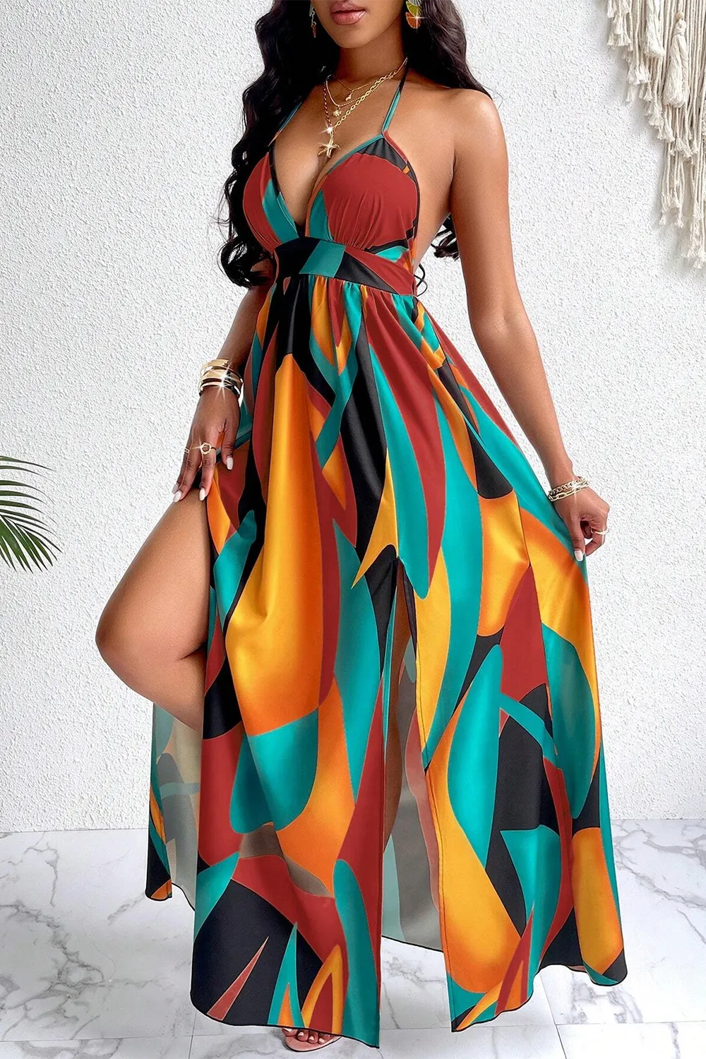 Sexy Backless Multi-color Pattern Dress