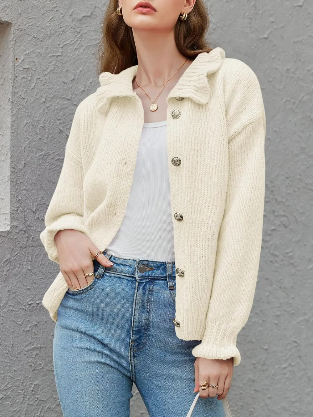 🎄Hot Sale Ruffle Cardigan Oversized Button Up Ribbed Knit Open Front Long Sleeve Loose Sweater