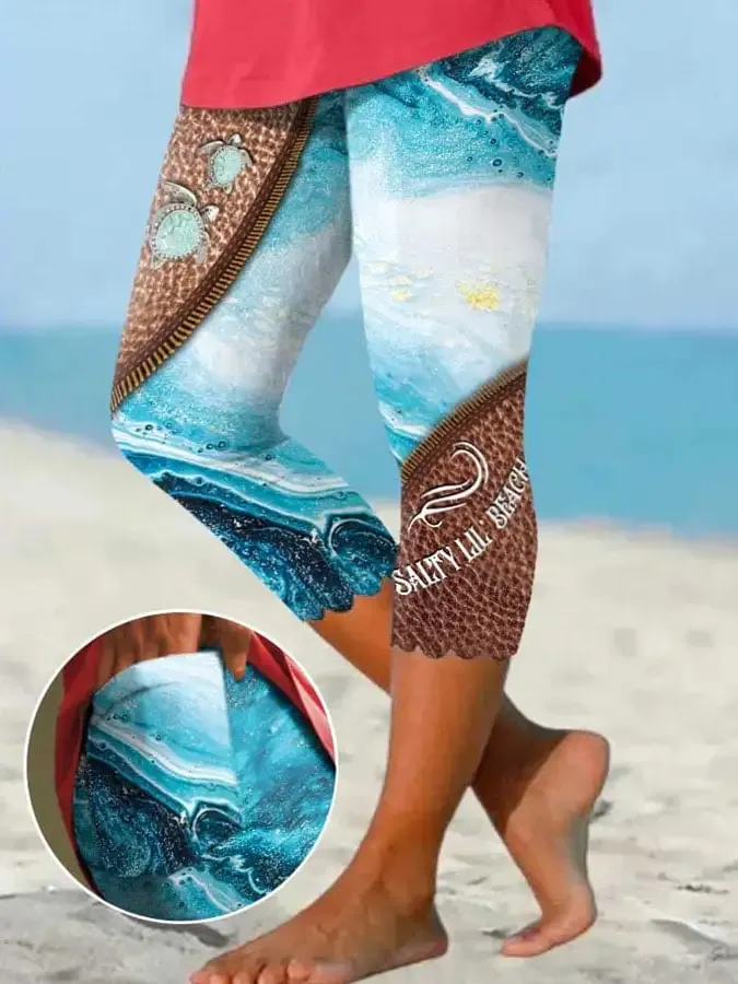 Sea Turtle Zipper Wavy Side With Pocket Print Leggings