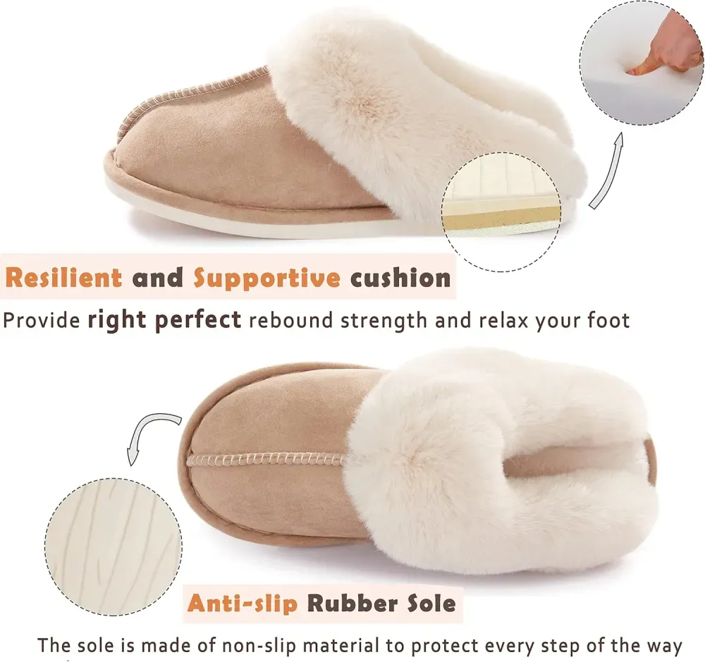 Womens Slipper with Memory Foam Fluffy Soft Warm Slip On House Slippers Anti-Skid Cozy Plush for Indoor Outdoor