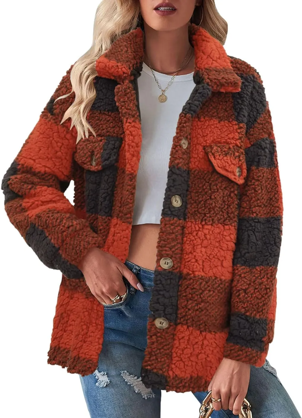 Women's Fleece Plaid Jacket Coats Button Down Lapel Sherpa Shacket Outwear with Pockets