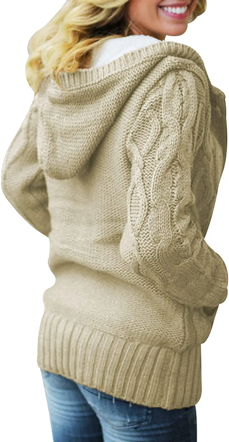 Womens Hooded Cardigans Button Up Cable Knit Sweater Coat Outerwear with Pockets