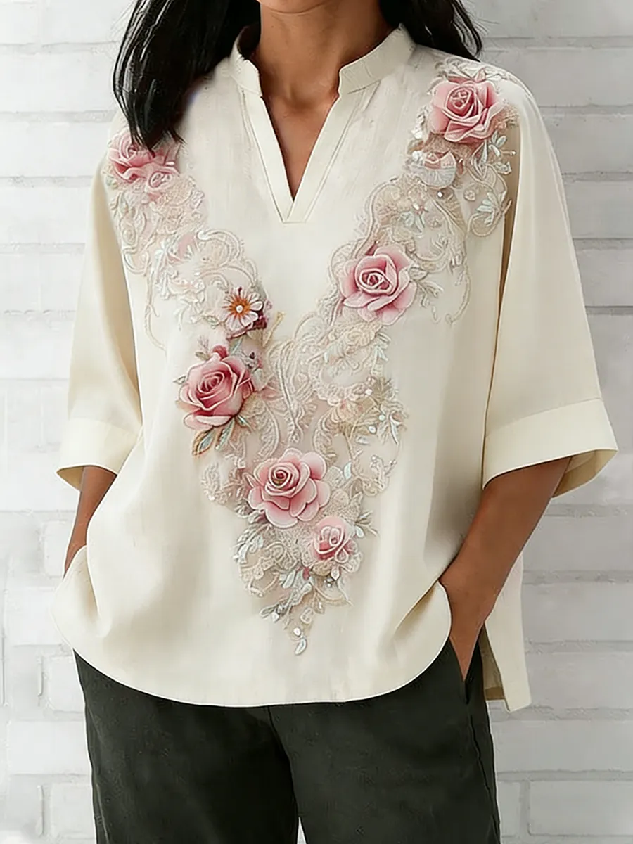 Women's Retro Heavy Industry Embroidered Flower Pattern V-Neck Top