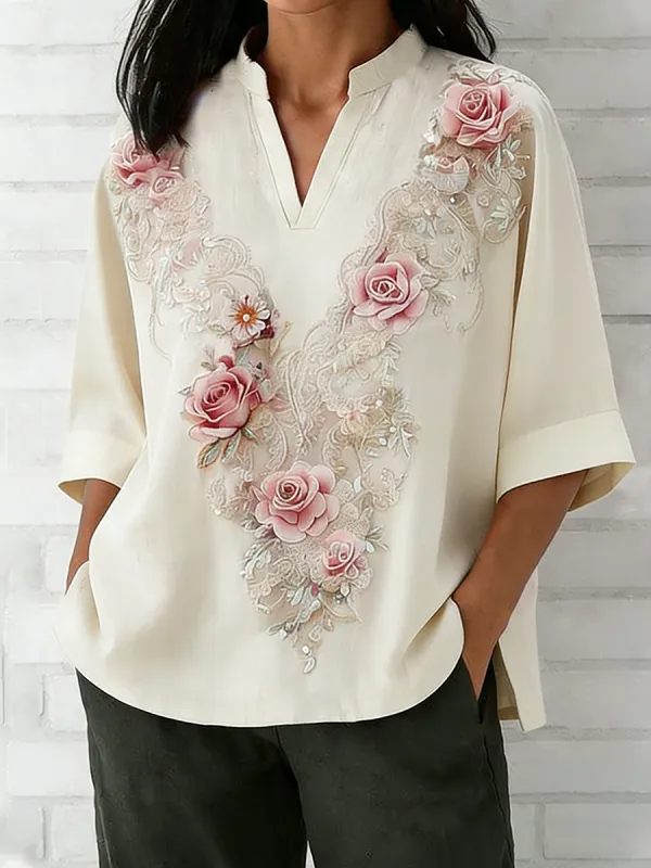 Women's Retro Heavy Industry Embroidered Flower Pattern V-Neck Top