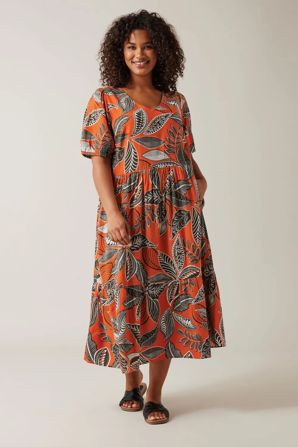 EVANS Curve Rust Orange Leaf Print Linen Midi Dress