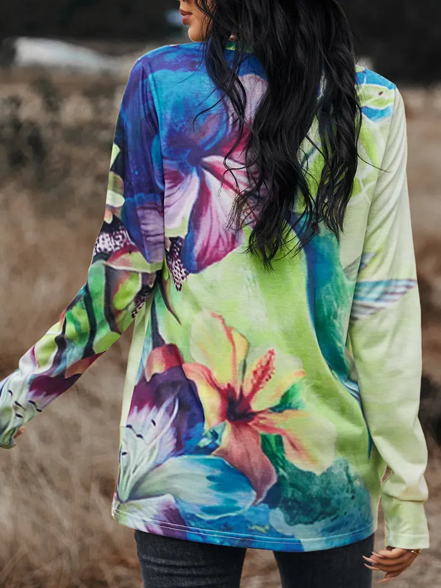 Women Casual Long Sleeves Printed Crew Neck T-shirts