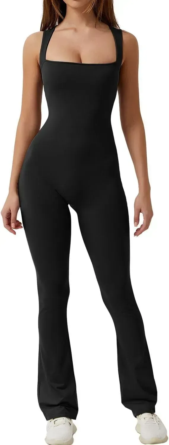 Flare Jumpsuits for Women Strappy Square Neck Bodycon Full Length Long Pants Casual Playsuit