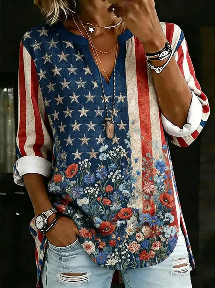Women's Nashville American Flag Floral Printed V-Neck Top