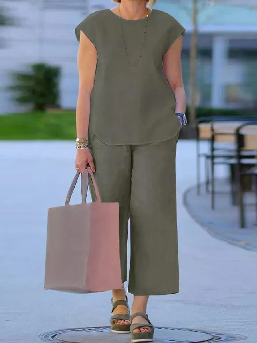 Summer Cotton Linen Loosen Casual Sleeveless Top And Pants Suit