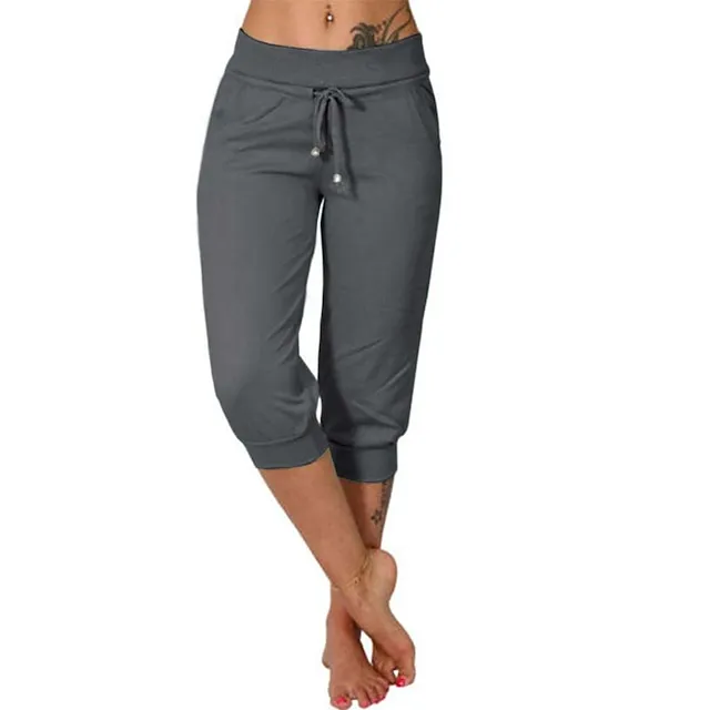 Women's Yoga Pants Drawstring with Pockets Cropped Tummy Control High Waist Yoga Fitness Gym Workout Capri Pants Bottoms Dark Grey Navy Apricot Spandex Sports Activewear High Elasticity Loose Fit