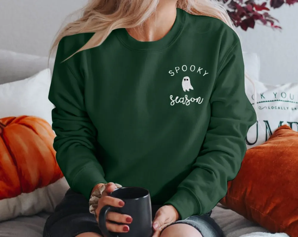 LOTUCY Halloween Sweatshirt Women Cute Spooky Season Sweatshirts Ghost Fall Embroidered Sweater Pullover Top