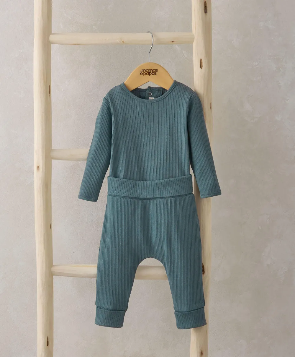 Organic Ribbed Bodysuit & Bottoms - Blue