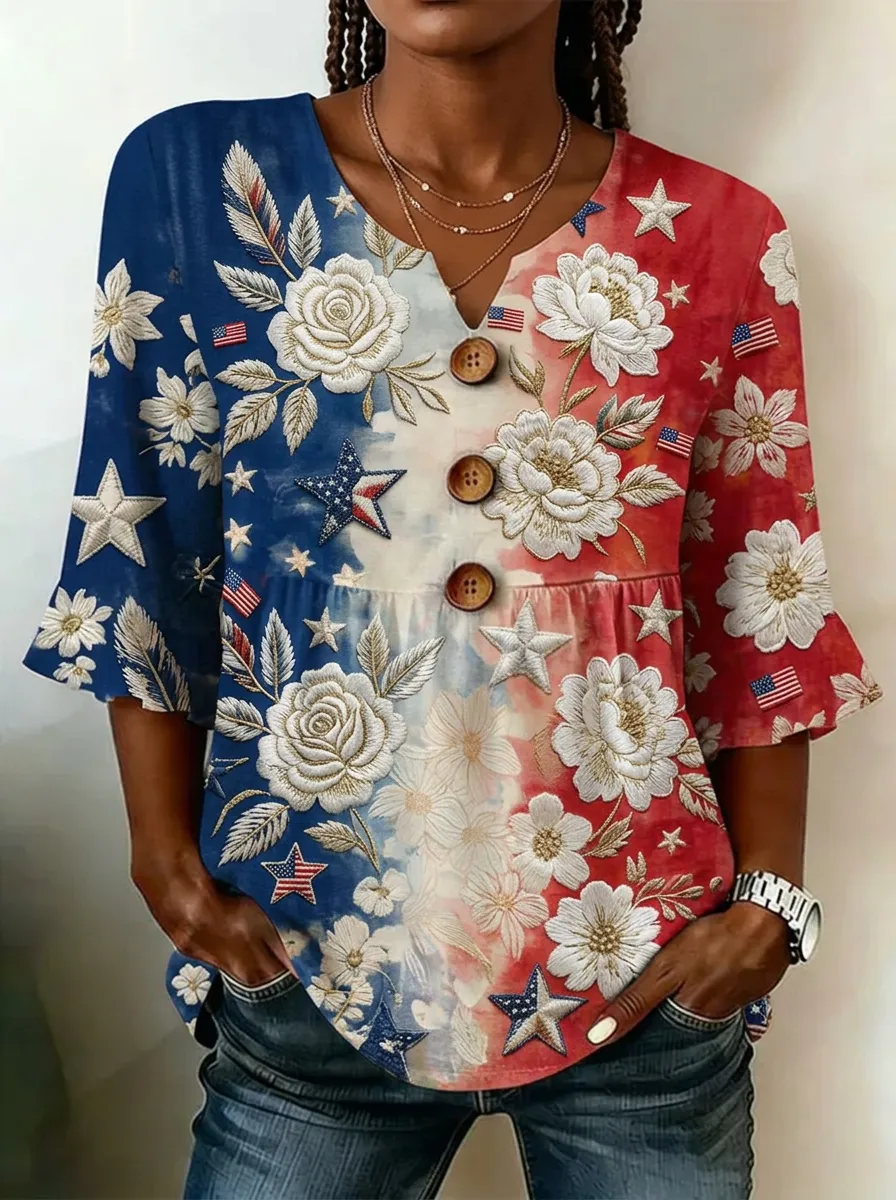 Women's Nashville Patriotic Floral Star Printed V-Neck Button Top