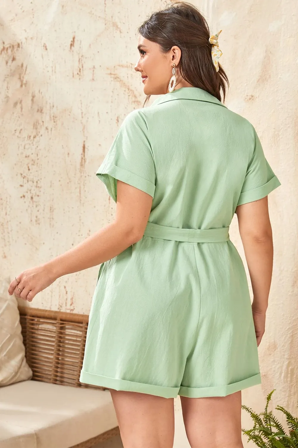 Plus Solid Belted Shirt Romper