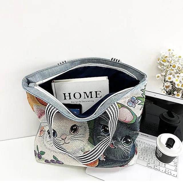 Women's Tote Shoulder Bag Canvas Tote Bag Oxford Cloth Shopping Daily Zipper Print Large Capacity Lightweight Durable Cat Flower Folk Butterfly Unicorn Black cat