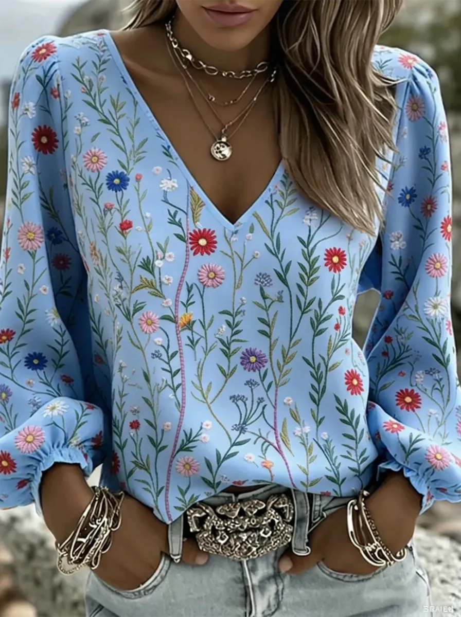 Women's Nashville Wildflower Floral Printed V-neck Top